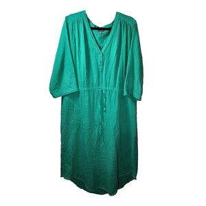 ​Lilla P L Green Cotton Gauze Drawstring Waist V-Neck Long Sleeve Midi Dress